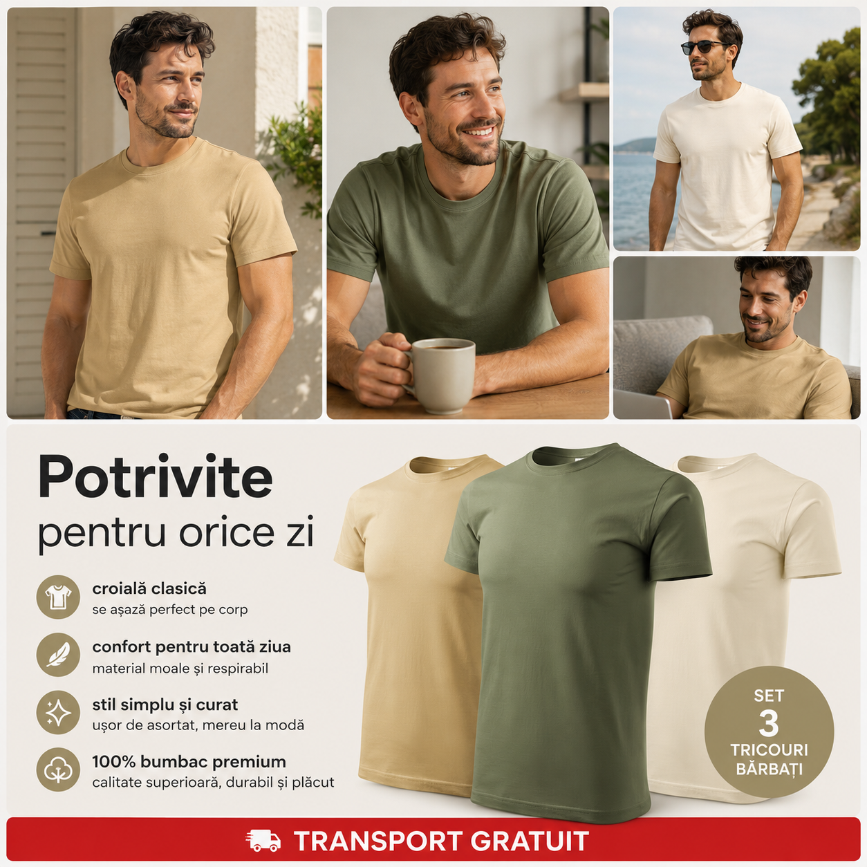 Set 3 tricouri bărbați 100% bumbac regular clasic nisip khaki și migdală S-3XL